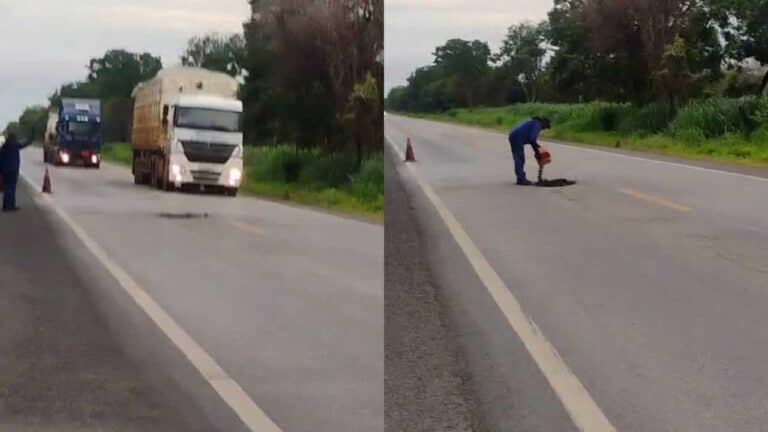 Cansados de esperar, populares improvisam e tapam buraco imenso na BR-040 entre Lagoa Grande e Paracatu