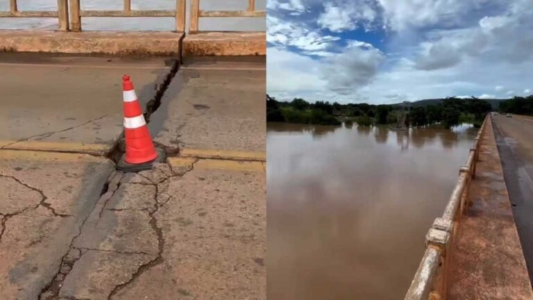 Rachadura na ponte da MG-181 em Brasilândia de Minas preocupa; nível do rio Paracatu ultrapassa 7 metros